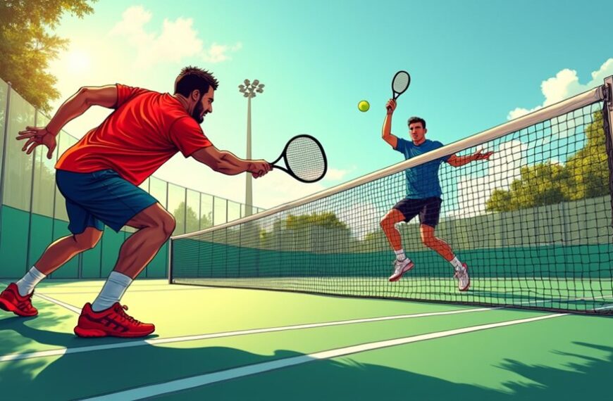 Two men play an intense tennis match on an outdoor court, with one player lunging to hit the ball and the other jumping near the net for a volley.