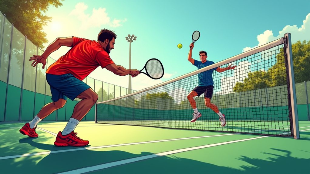 Two men play an intense tennis match on an outdoor court, with one player lunging to hit the ball and the other jumping near the net for a volley.
