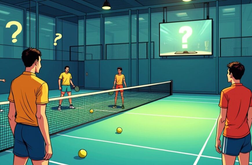 Four people play doubles pickleball indoors; question marks appear above players and on a large screen, suggesting confusion or uncertainty about a rule or call.