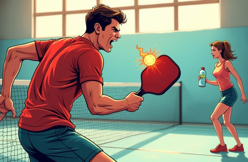 Two people play pickleball indoors; the man swings a paddle at a glowing ball while the woman holds a water bottle and watches from across the net.