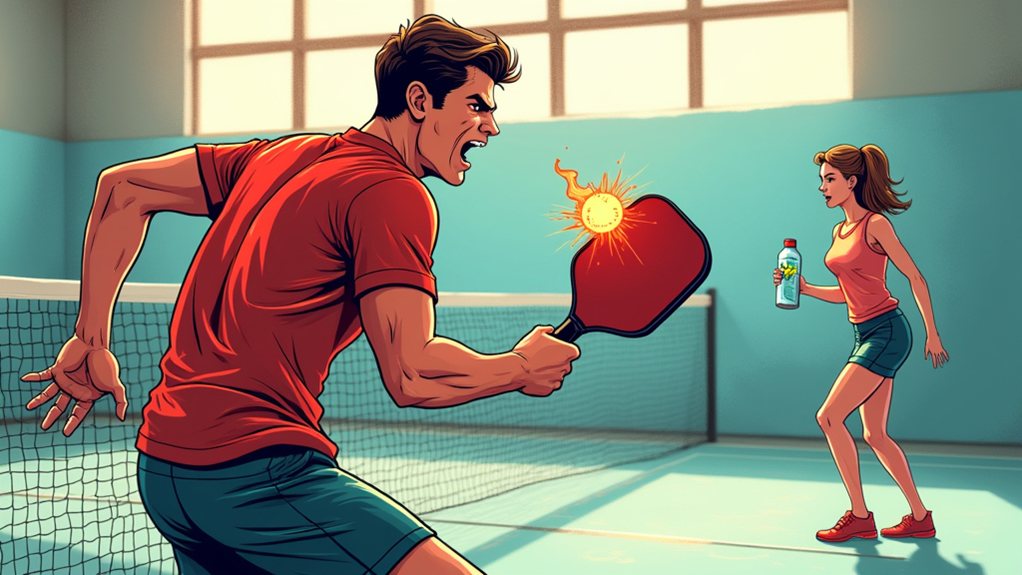 Two people play pickleball indoors; the man swings a paddle at a glowing ball while the woman holds a water bottle and watches from across the net.