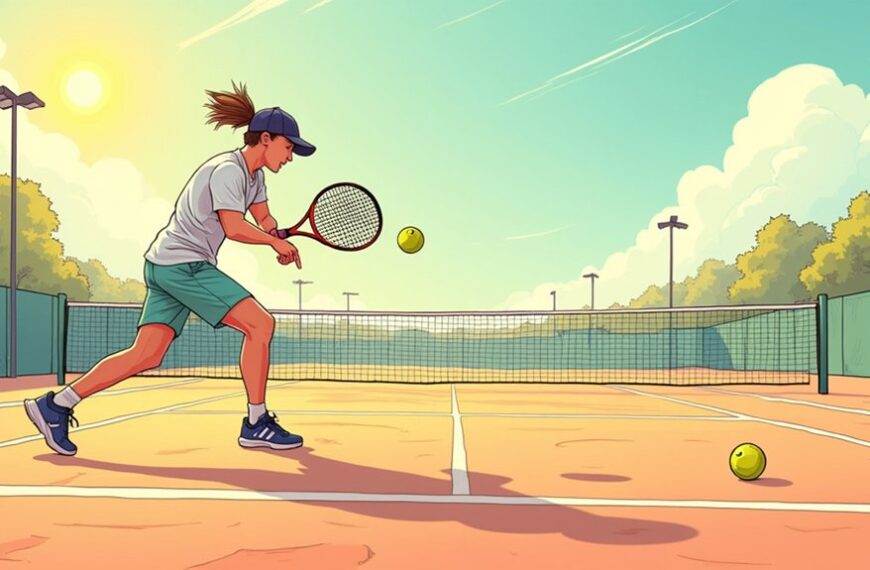 A person in sportswear hits a tennis ball with a racket on an outdoor tennis court under a sunny sky.