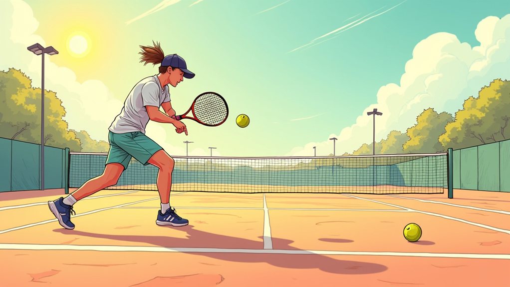 A person in sportswear hits a tennis ball with a racket on an outdoor tennis court under a sunny sky.