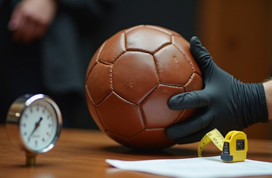 A person in black gloves examines a brown leather soccer ball on a table with a pressure gauge, tape measure, and document nearby.