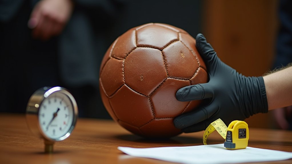 A person in black gloves examines a brown leather soccer ball on a table with a pressure gauge, tape measure, and document nearby.