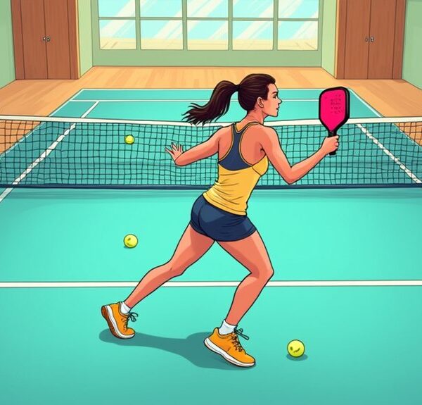 A woman in athletic wear plays pickleball indoors, holding a paddle and approaching the net as two pickleballs lie on the court.