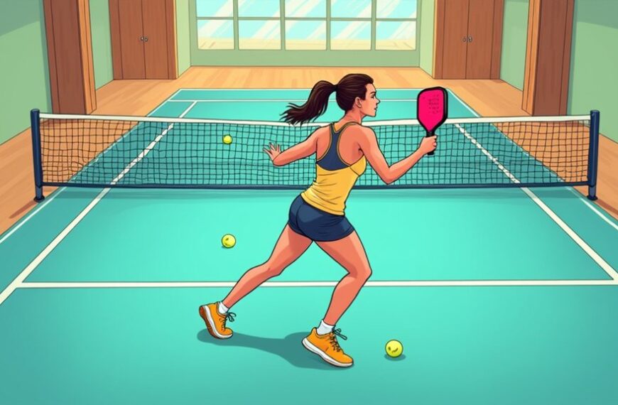 A woman in athletic wear plays pickleball indoors, holding a paddle and approaching the net as two pickleballs lie on the court.