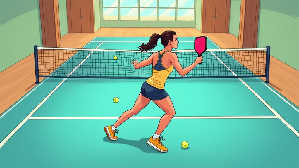 A woman in athletic wear plays pickleball indoors, holding a paddle and approaching the net as two pickleballs lie on the court.