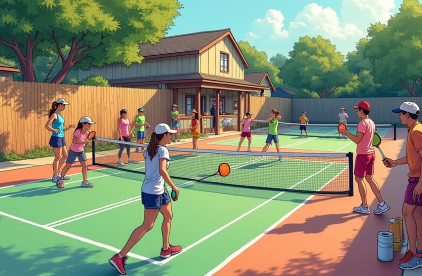 People playing pickleball on outdoor courts near a house, surrounded by trees and a wooden fence, on a sunny day.