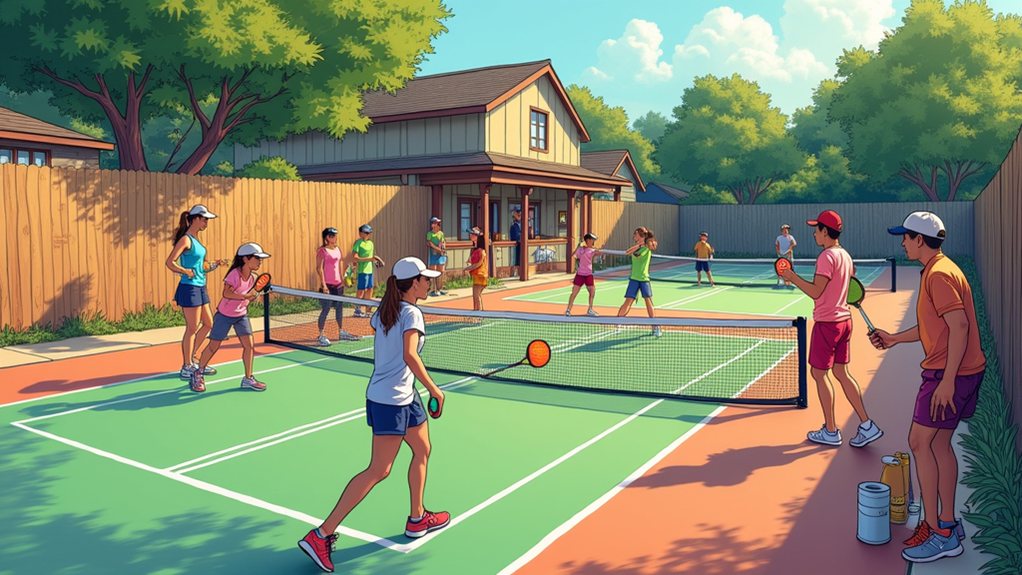 People playing pickleball on outdoor courts near a house, surrounded by trees and a wooden fence, on a sunny day.