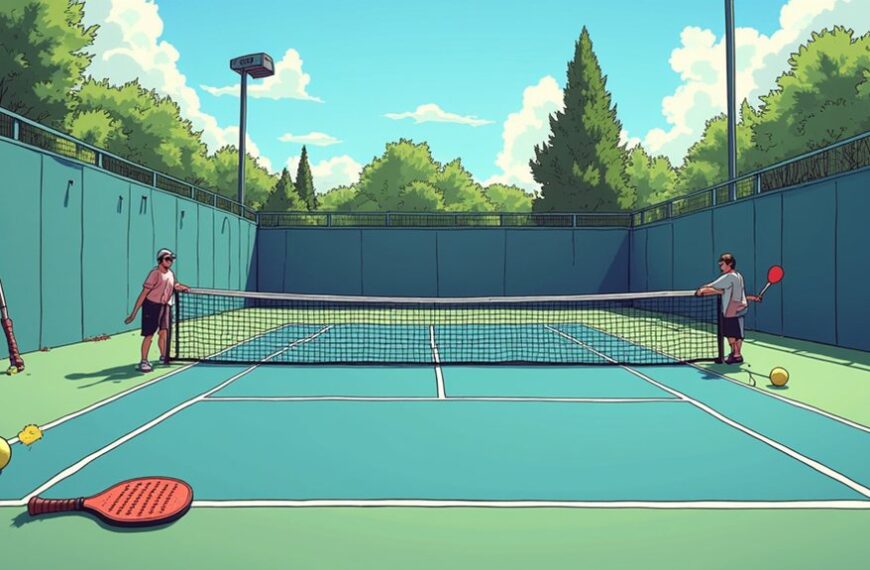 Two people stand on opposite sides of a tennis court holding paddles, with several balls and extra paddles on the ground under a clear sky.