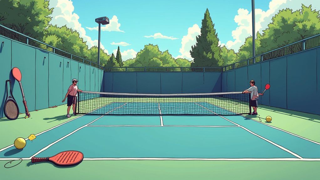 Two people stand on opposite sides of a tennis court holding paddles, with several balls and extra paddles on the ground under a clear sky.