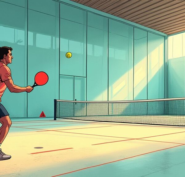 A man plays pickleball indoors, preparing to hit a ball with a paddle on a court divided by a net, with sunlight streaming through large windows.