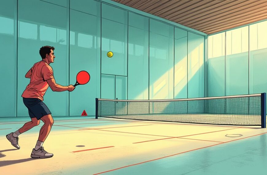 A man plays pickleball indoors, preparing to hit a ball with a paddle on a court divided by a net, with sunlight streaming through large windows.