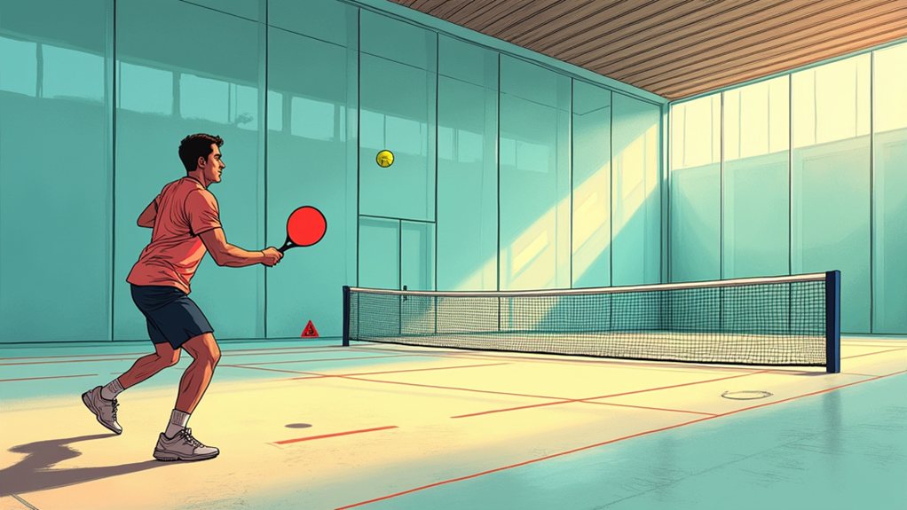 A man plays pickleball indoors, preparing to hit a ball with a paddle on a court divided by a net, with sunlight streaming through large windows.