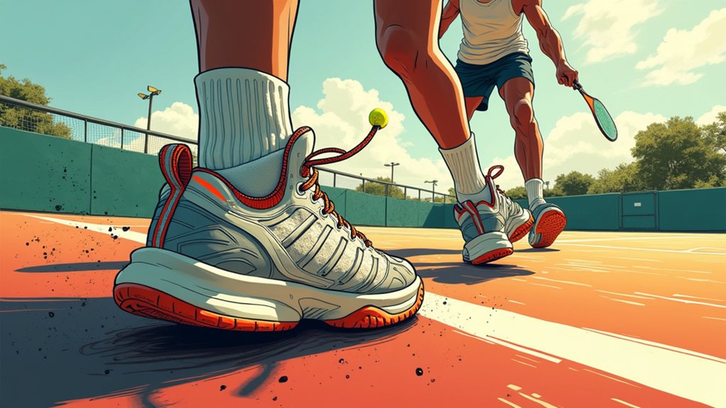 Close-up of two people playing tennis on an outdoor court, with focus on a sneaker and a loose shoelace as a tennis ball approaches.