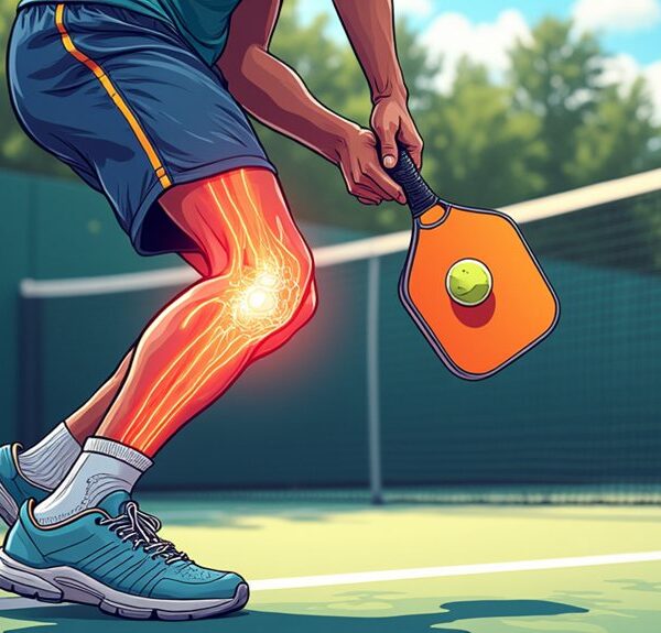 A person playing pickleball is shown with a highlighted illustration of knee bones and joints, indicating focus on knee movement or possible injury.