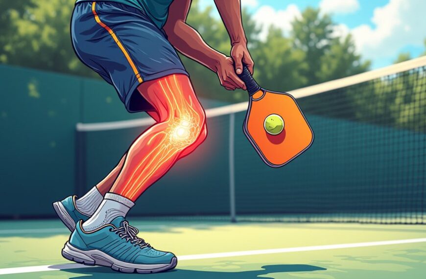A person playing pickleball is shown with a highlighted illustration of knee bones and joints, indicating focus on knee movement or possible injury.