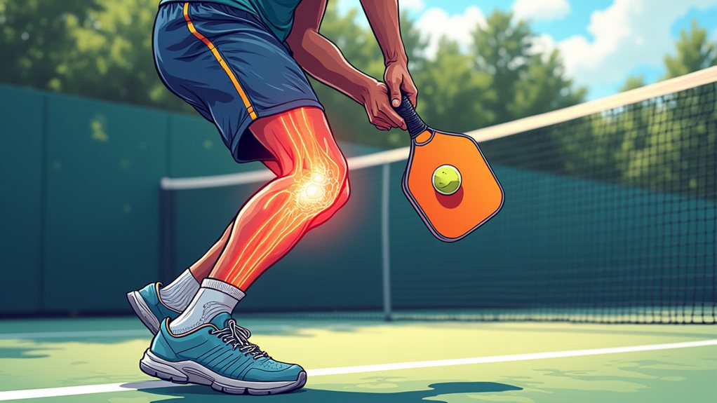 A person playing pickleball is shown with a highlighted illustration of knee bones and joints, indicating focus on knee movement or possible injury.