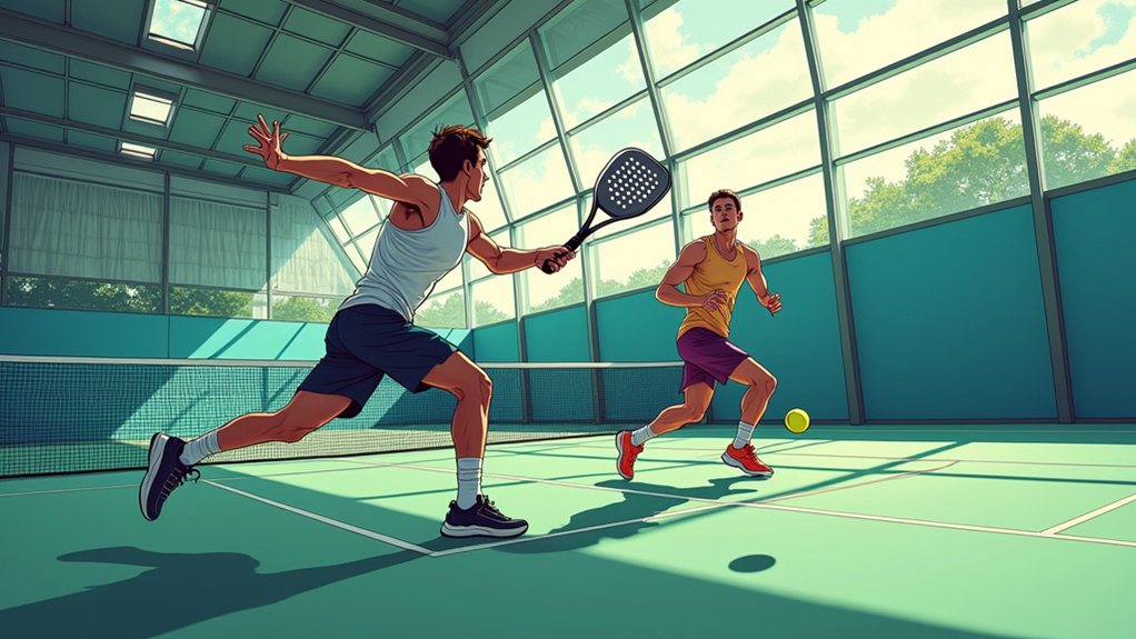 Two men play a game of pickleball indoors, one swinging a paddle at the ball while the other prepares to respond. Sunlight streams through large windows.