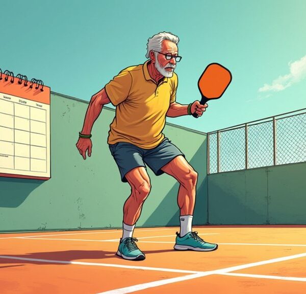 An older man in sportswear plays pickleball on an outdoor court, with a large wall calendar visible in the background.