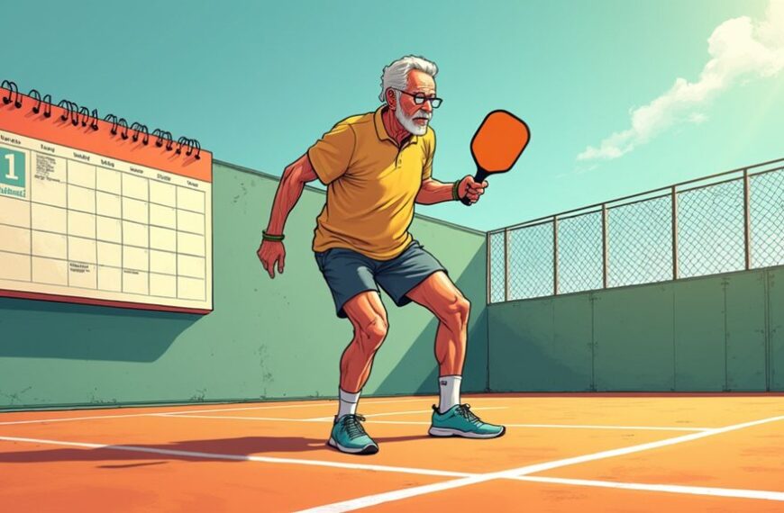 An older man in sportswear plays pickleball on an outdoor court, with a large wall calendar visible in the background.