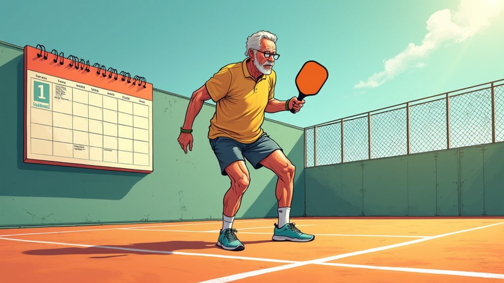 An older man in sportswear plays pickleball on an outdoor court, with a large wall calendar visible in the background.