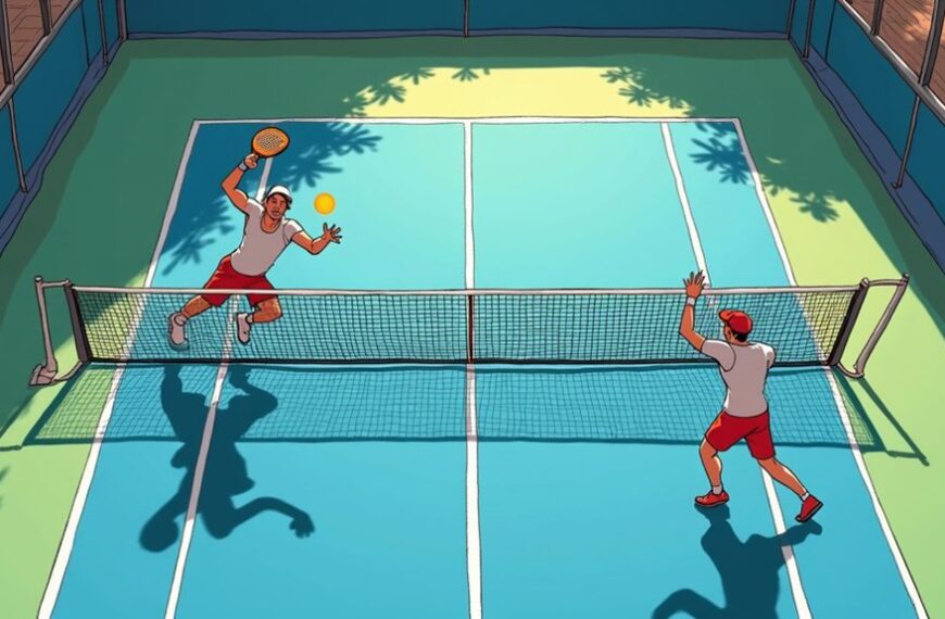 Two people play pickleball on an outdoor court; one is jumping to hit the ball while the other stands ready on the opposite side of the net.