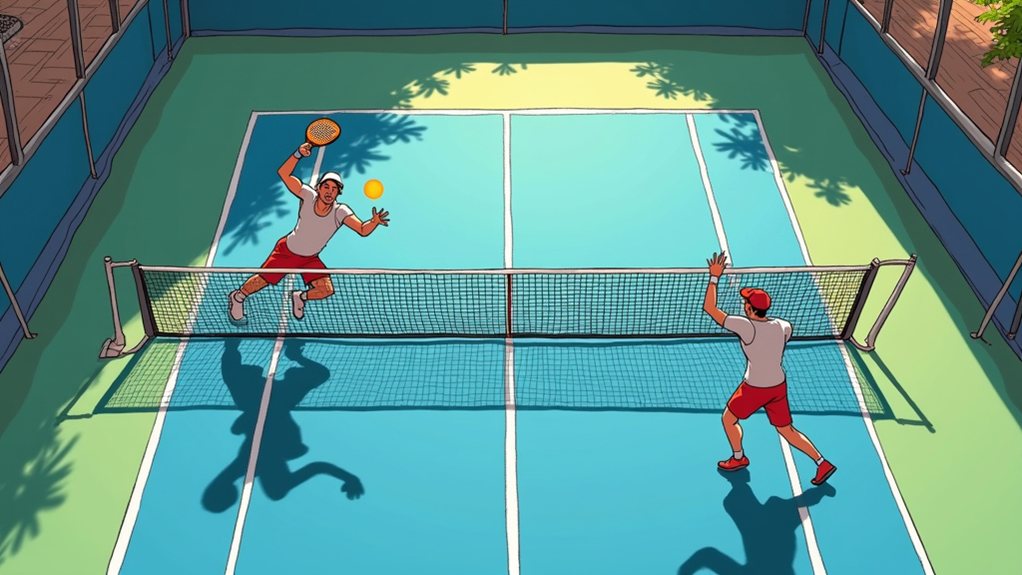 Two people play pickleball on an outdoor court; one is jumping to hit the ball while the other stands ready on the opposite side of the net.