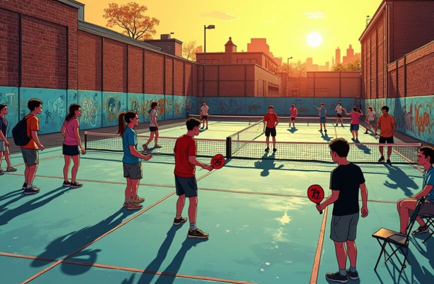 A group of people play pickleball on an outdoor court surrounded by brick walls and graffiti at sunset. Some participants wait on the sidelines.