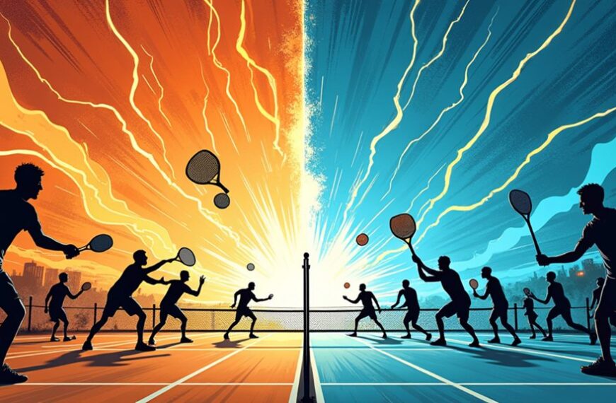 Two teams play tennis on opposite sides of a court, with dynamic red and blue lighting effects dividing the scene and emphasizing team rivalry.