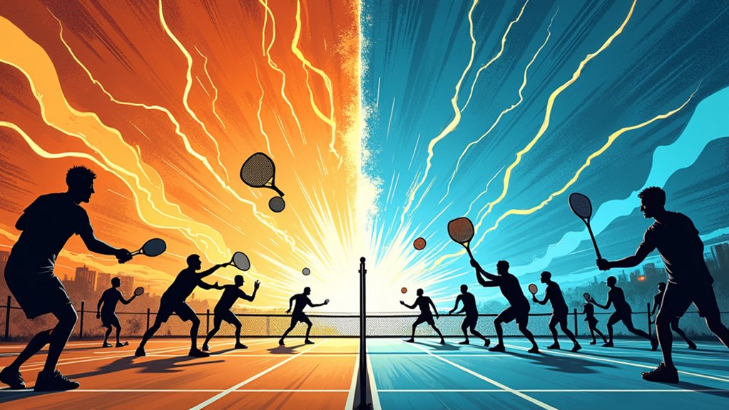 Two teams play tennis on opposite sides of a court, with dynamic red and blue lighting effects dividing the scene and emphasizing team rivalry.