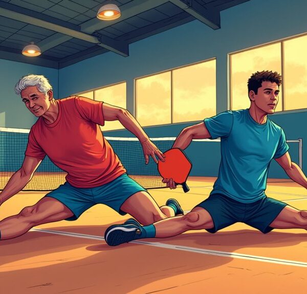 Two men doing the splits while playing table tennis inside a gym, both reaching for the ball. A scoreboard and other people are visible in the background.