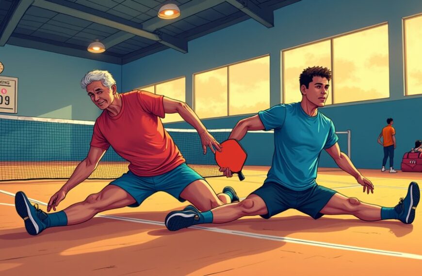 Two men doing the splits while playing table tennis inside a gym, both reaching for the ball. A scoreboard and other people are visible in the background.