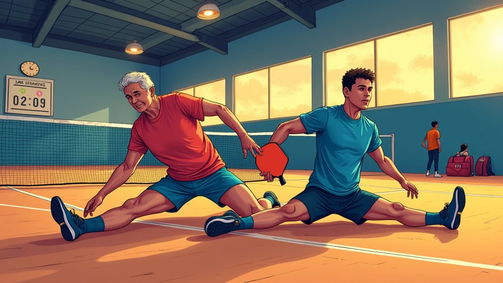 Two men doing the splits while playing table tennis inside a gym, both reaching for the ball. A scoreboard and other people are visible in the background.