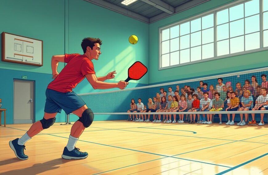A man wearing knee pads plays pickleball in an indoor gymnasium, hitting the ball with a paddle as a seated audience watches from the bleachers.
