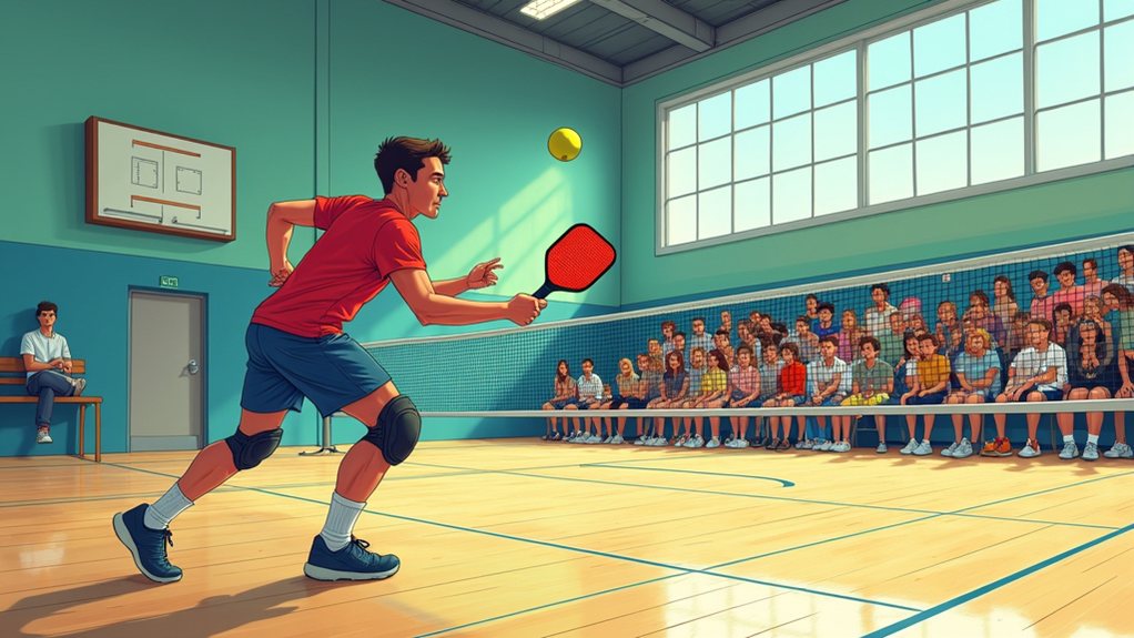A man wearing knee pads plays pickleball in an indoor gymnasium, hitting the ball with a paddle as a seated audience watches from the bleachers.