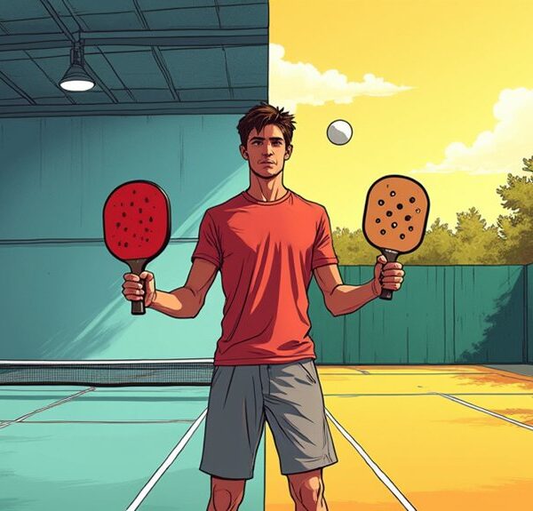 A man stands on a court holding a pickleball paddle in each hand, with half the court indoors and half outdoors, a ball in the air above him.