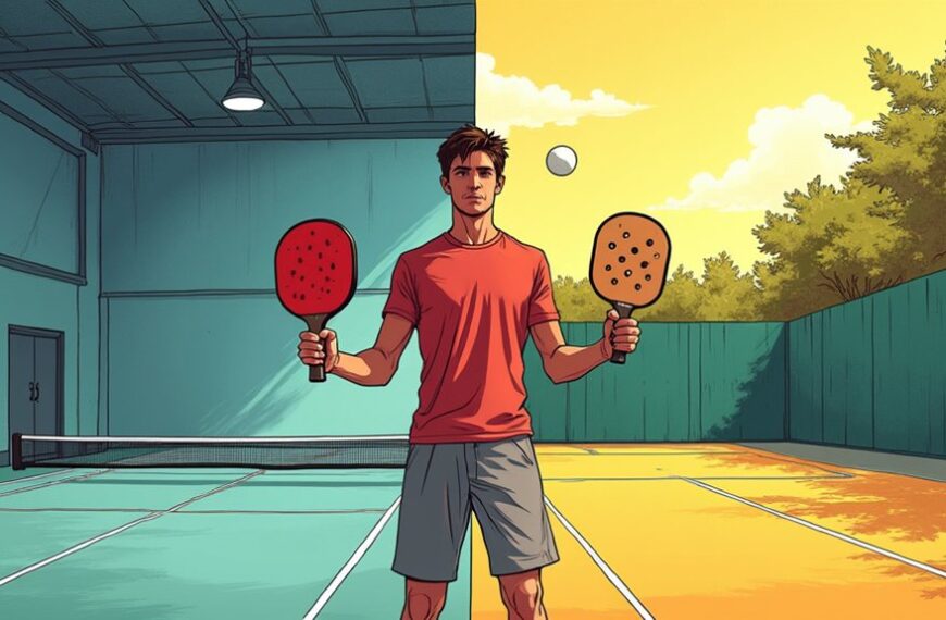 A man stands on a court holding a pickleball paddle in each hand, with half the court indoors and half outdoors, a ball in the air above him.