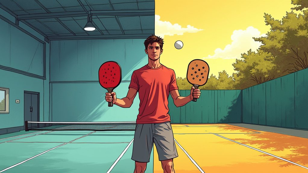 A man stands on a court holding a pickleball paddle in each hand, with half the court indoors and half outdoors, a ball in the air above him.