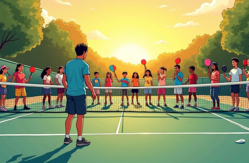 A tennis coach stands on a court facing a group of children holding rackets at the net, with trees and a setting sun in the background.