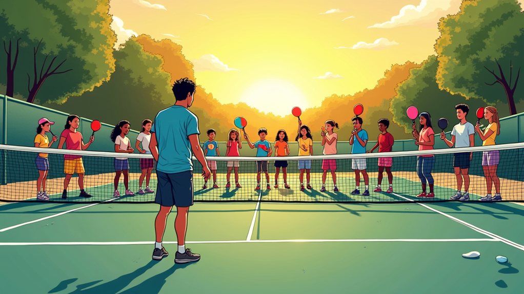 A tennis coach stands on a court facing a group of children holding rackets at the net, with trees and a setting sun in the background.