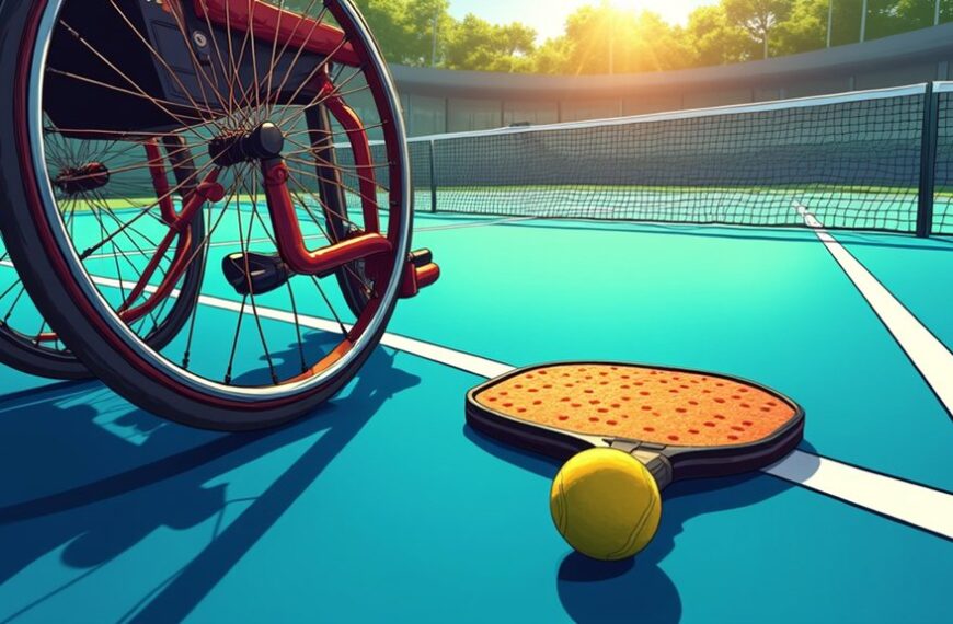A wheelchair, a pickleball paddle, and a pickleball rest on an outdoor court under sunlight, with a net in the background.