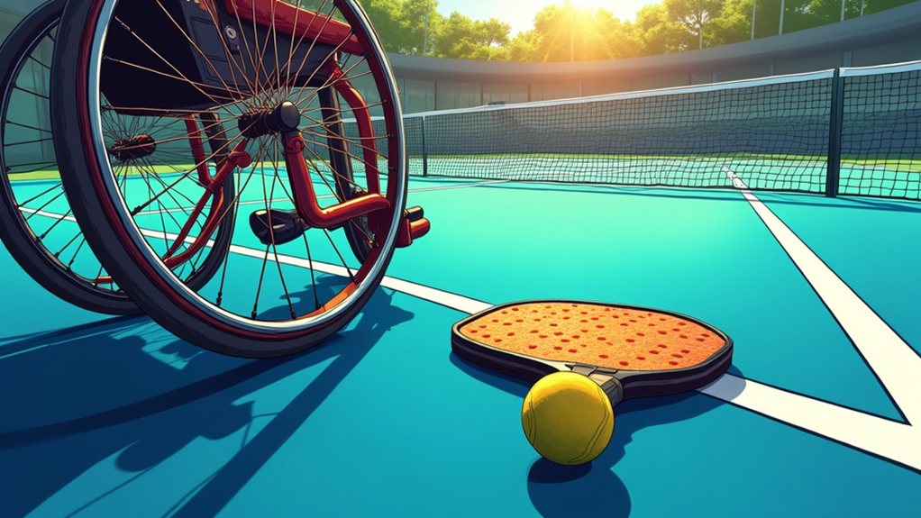 A wheelchair, a pickleball paddle, and a pickleball rest on an outdoor court under sunlight, with a net in the background.