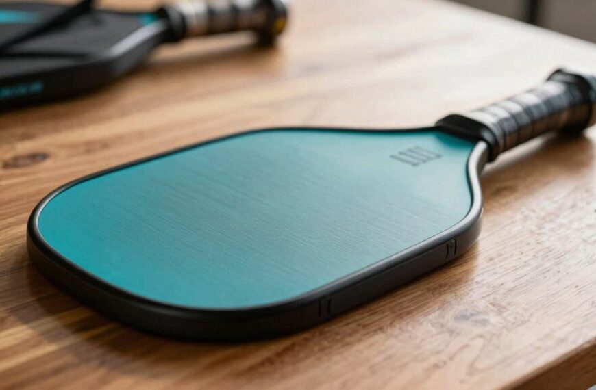 A teal pickleball paddle with a black handle rests on a wooden table. Another paddle is partially visible in the background.