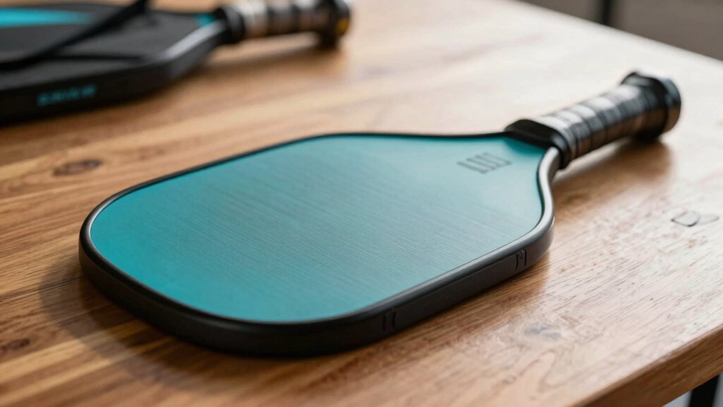 A teal pickleball paddle with a black handle rests on a wooden table. Another paddle is partially visible in the background.