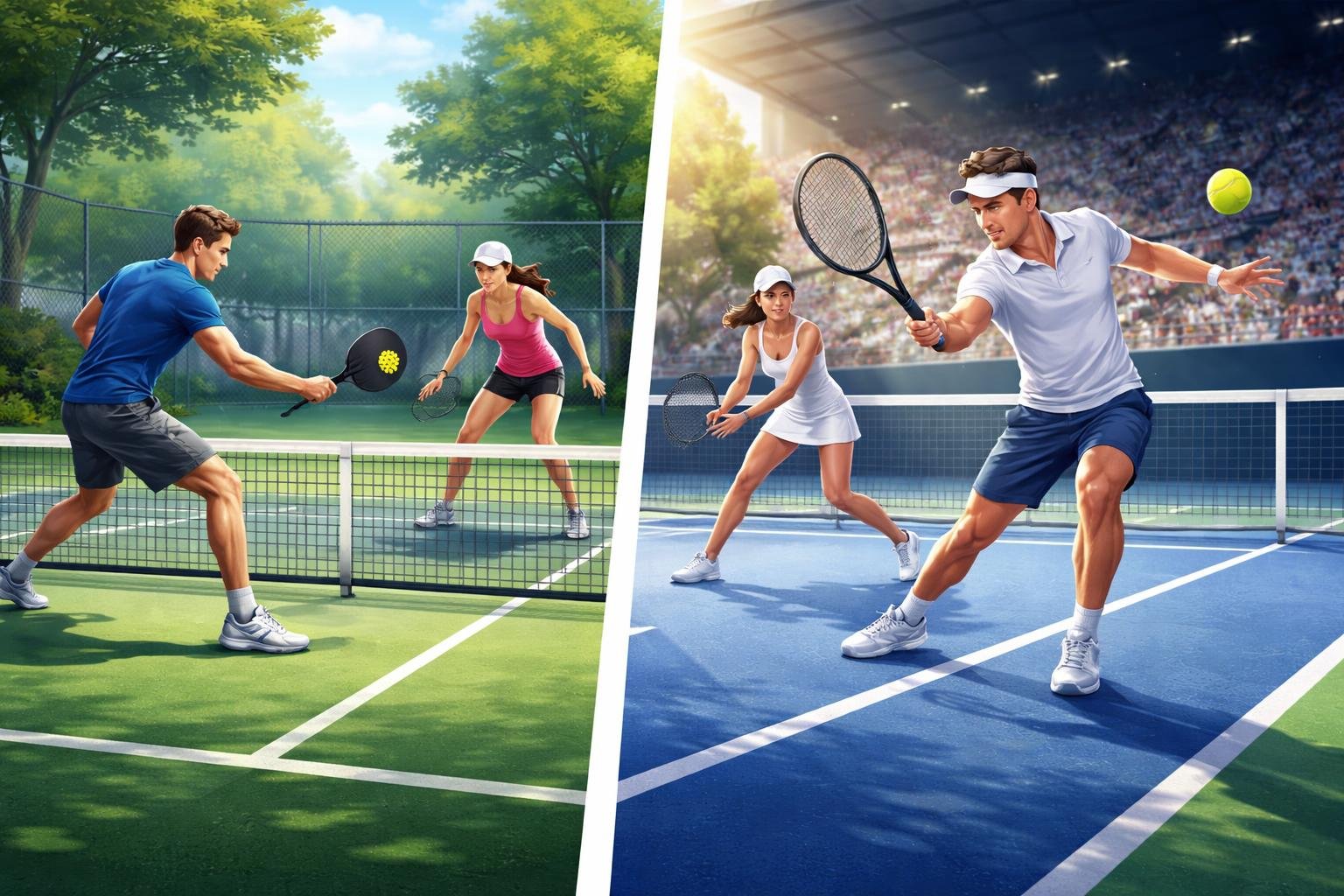 Split image showing two sports: on the left, two people play pickleball outdoors; on the right, two people play tennis doubles in a stadium.