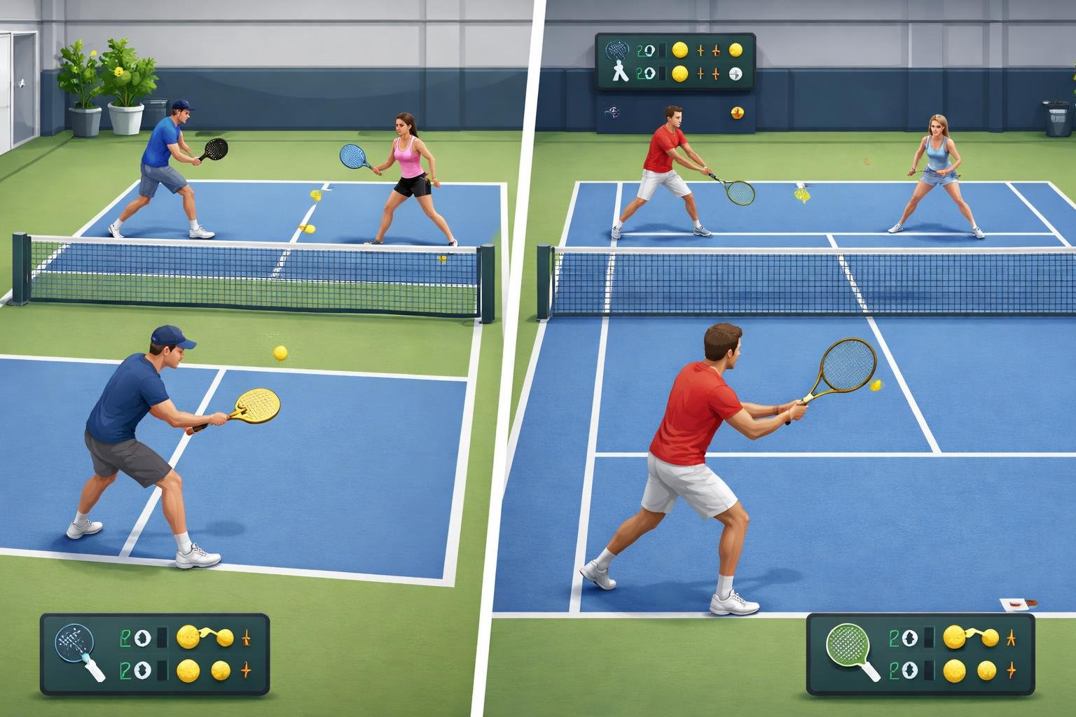 A split scene showing players playing pickleball on one side and tennis on the other, highlighting differences in court size, equipment, and gameplay.