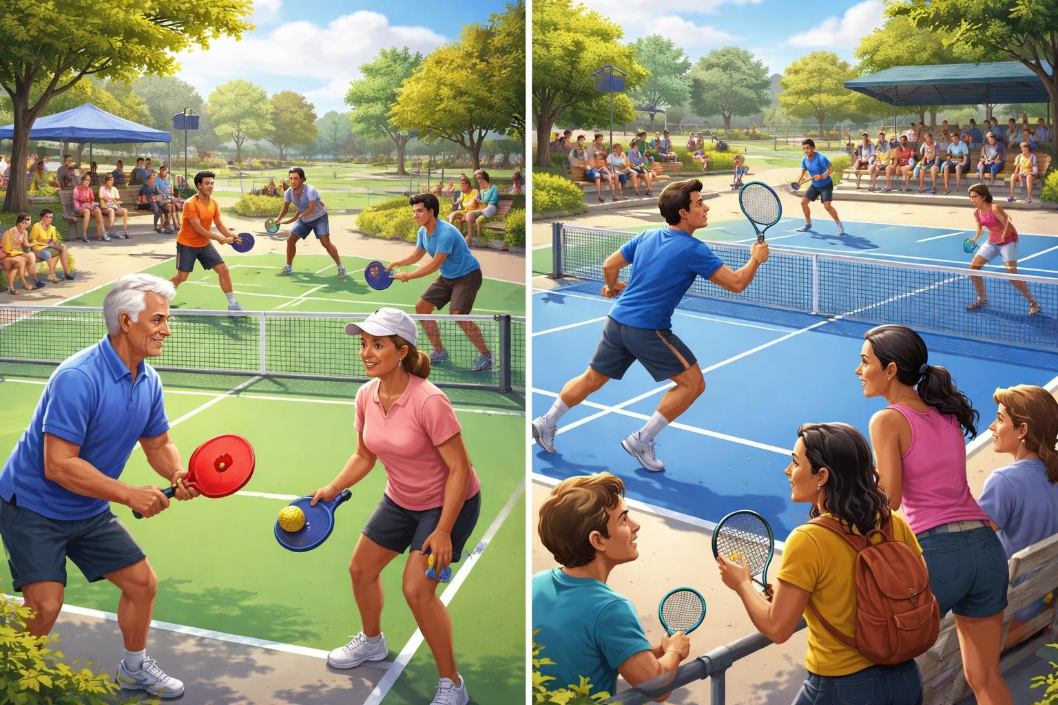 Two groups of people playing pickleball and tennis on adjacent courts with spectators watching and interacting nearby.
